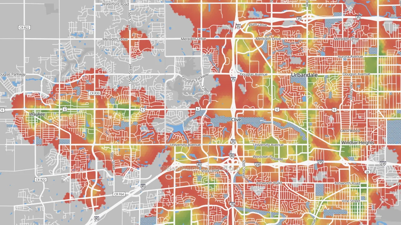 Walk Grade map of Clive, IA, walkable areas in green and car-dependent areas in red