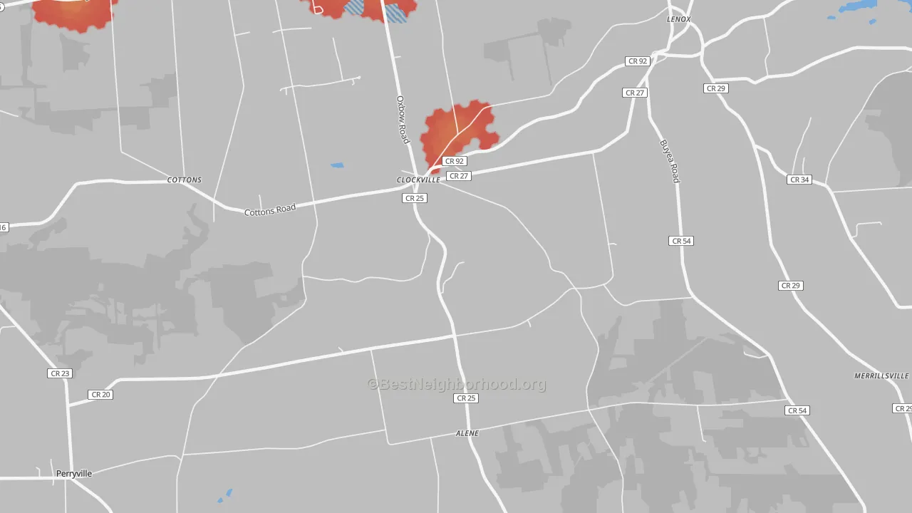 Walk Grade map of Clockville, NY, walkable areas in green and car-dependent areas in red