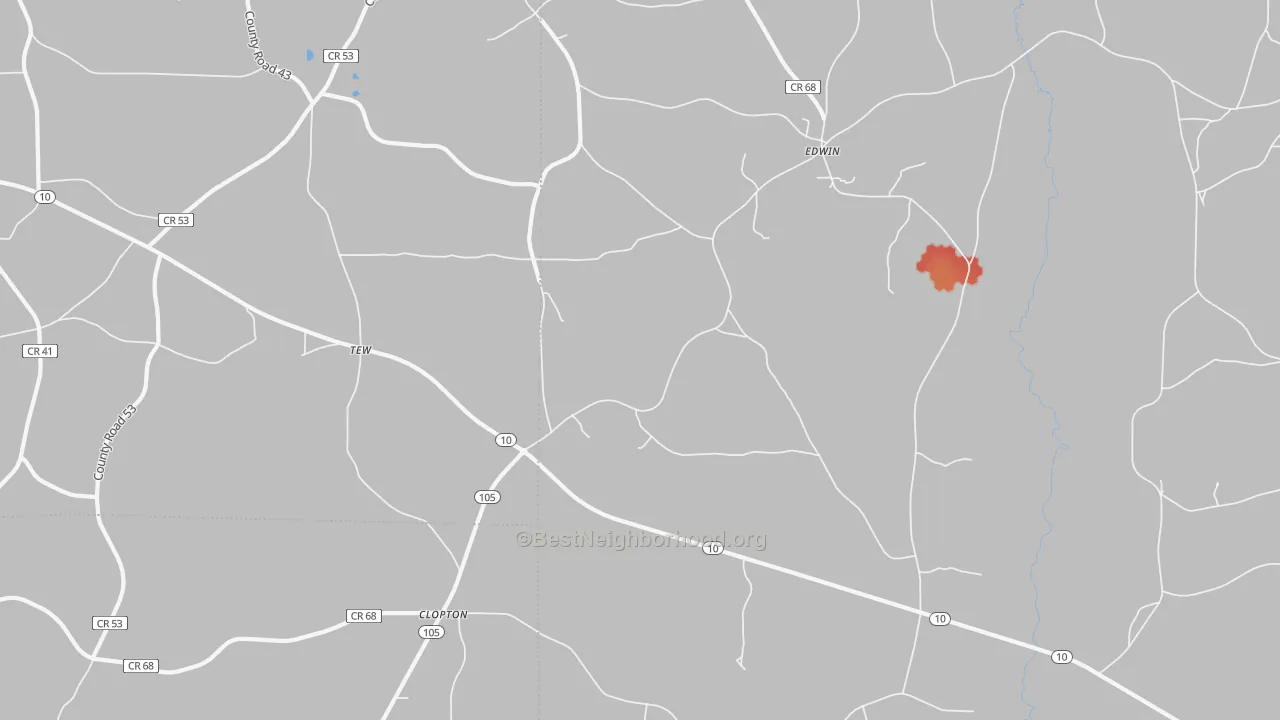 Walk Grade map of Clopton, AL, walkable areas in green and car-dependent areas in red