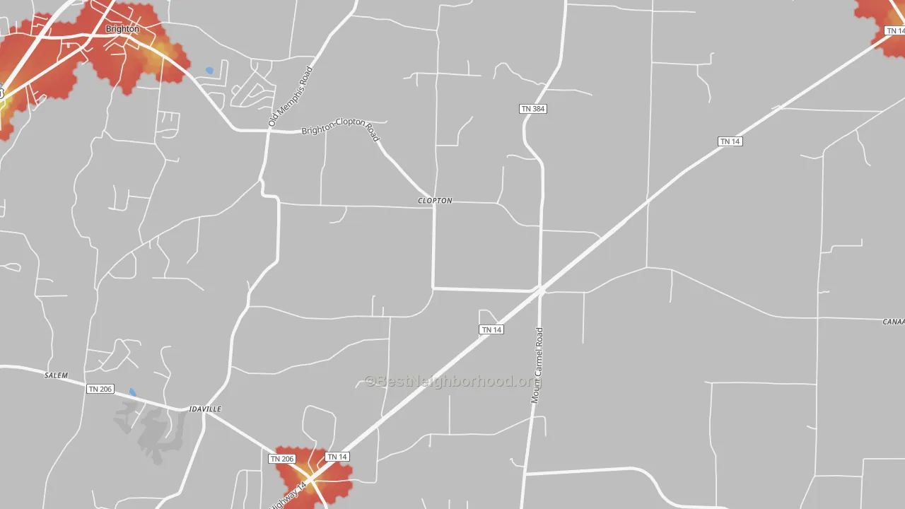Walk Grade map of Clopton, TN, walkable areas in green and car-dependent areas in red