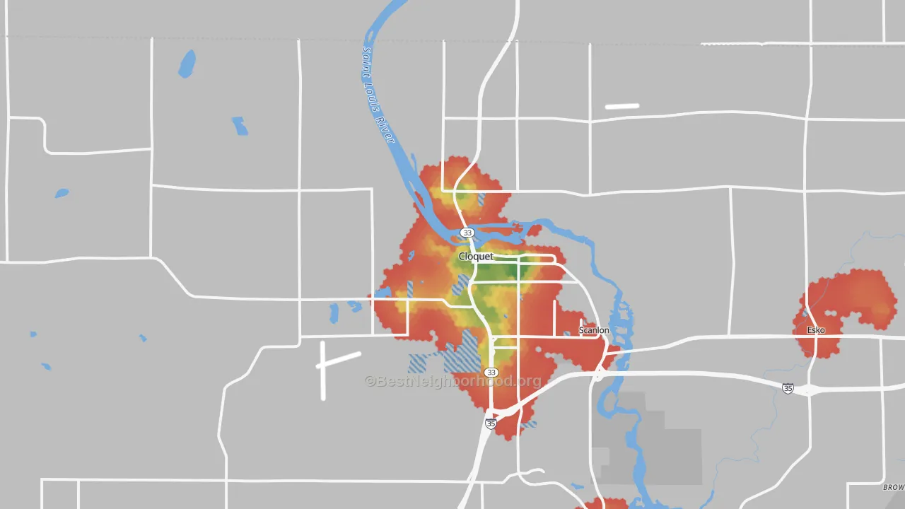 Walk Grade map of Cloquet, MN, walkable areas in green and car-dependent areas in red