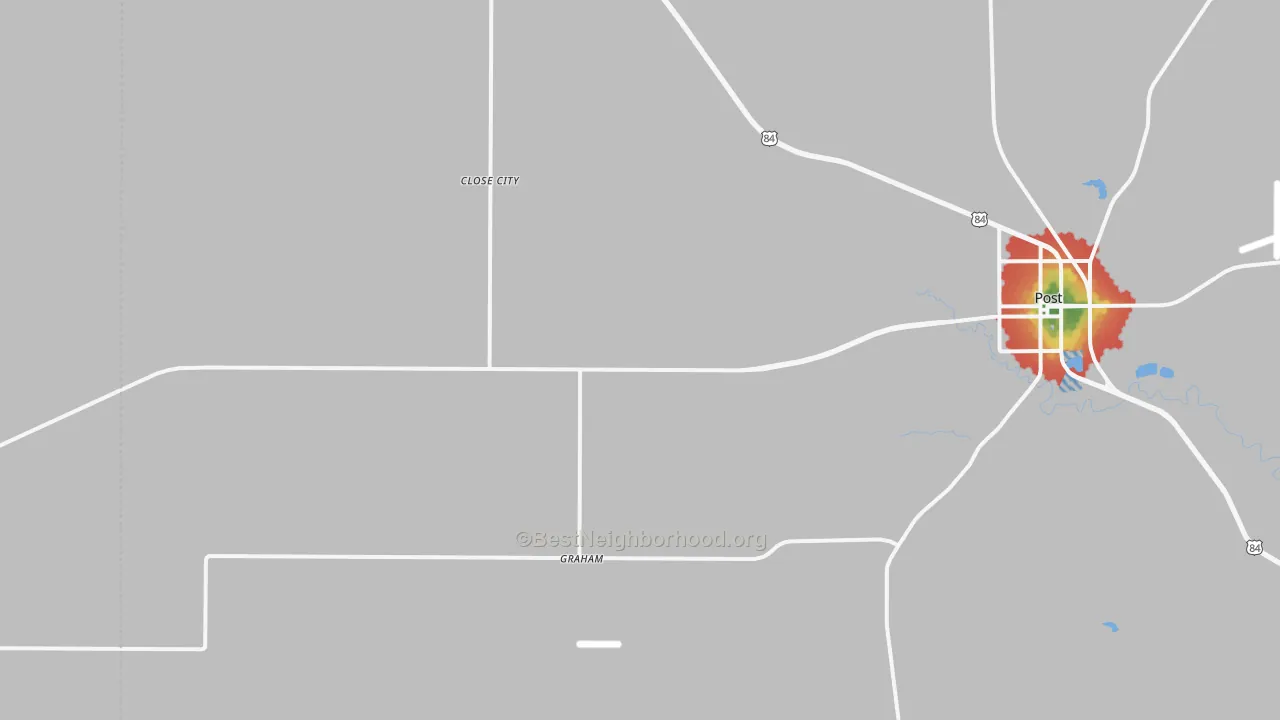 Walk Grade map of Close City, TX, walkable areas in green and car-dependent areas in red