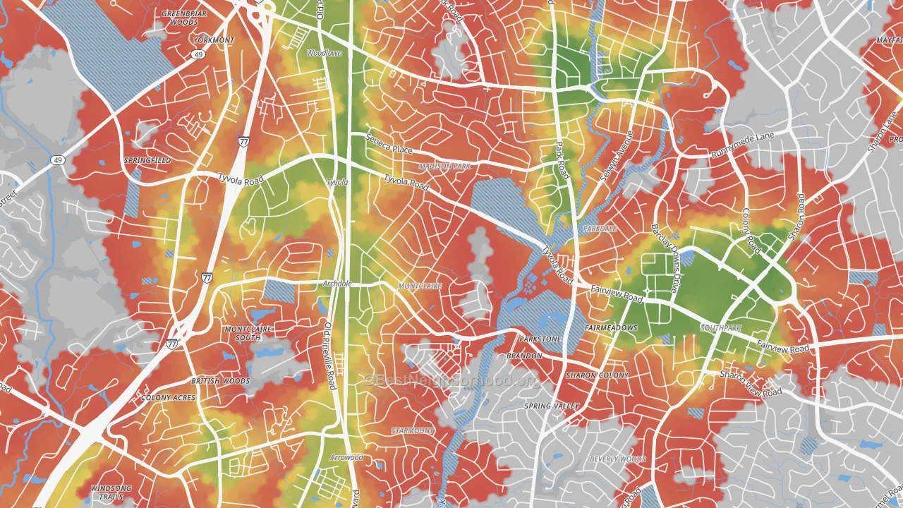 Walk Grade map of Closeburn-Glenkirk, Charlotte, NC, walkable areas in green and car-dependent areas in red