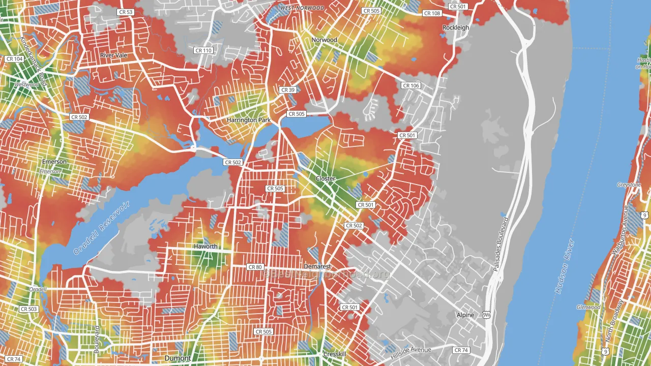 Walk Grade map of Closter, NJ, walkable areas in green and car-dependent areas in red