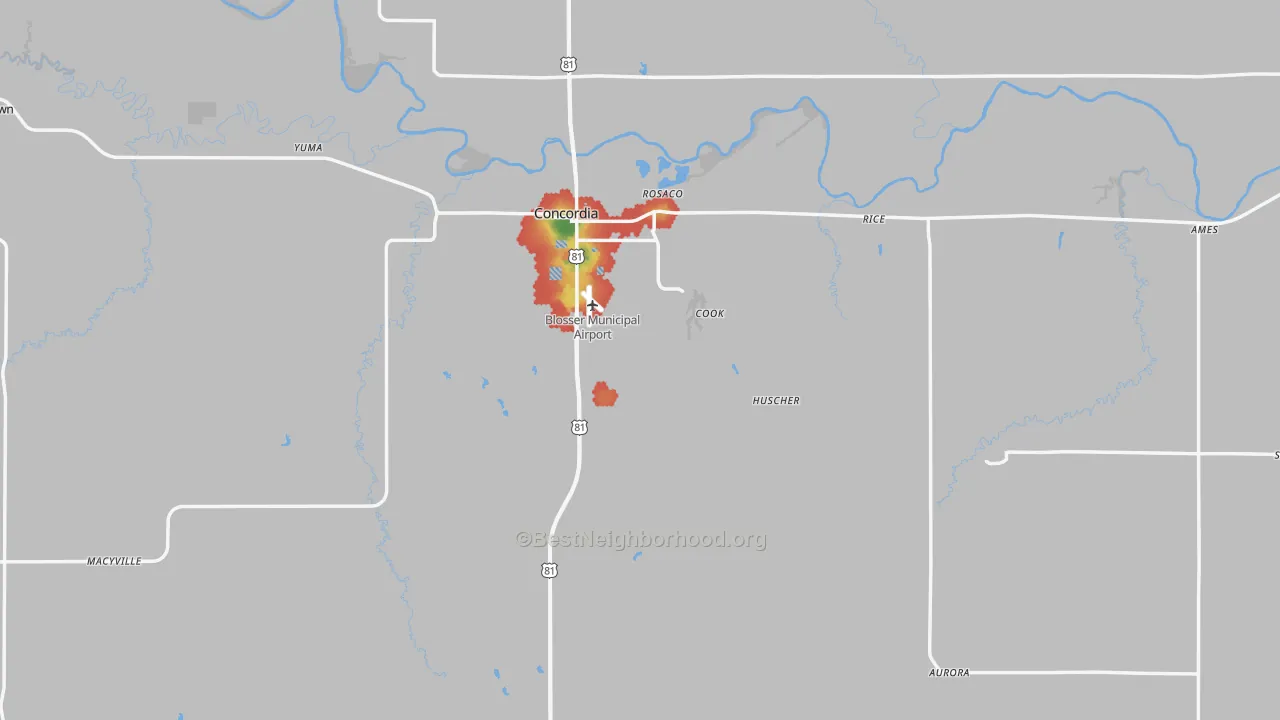Walk Grade map of Cloud County, KS, walkable areas in green and car-dependent areas in red