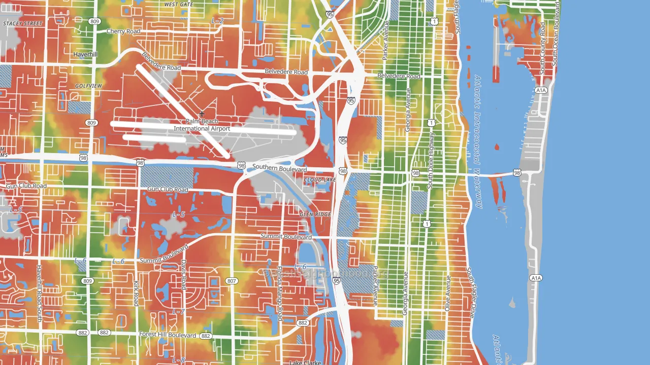 Walk Grade map of Cloud Lake, FL, walkable areas in green and car-dependent areas in red