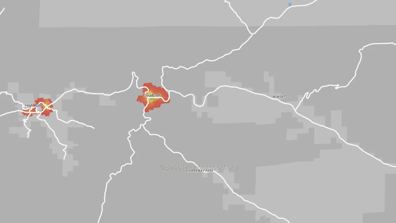 Walk Grade map of Cloudcroft, NM, walkable areas in green and car-dependent areas in red