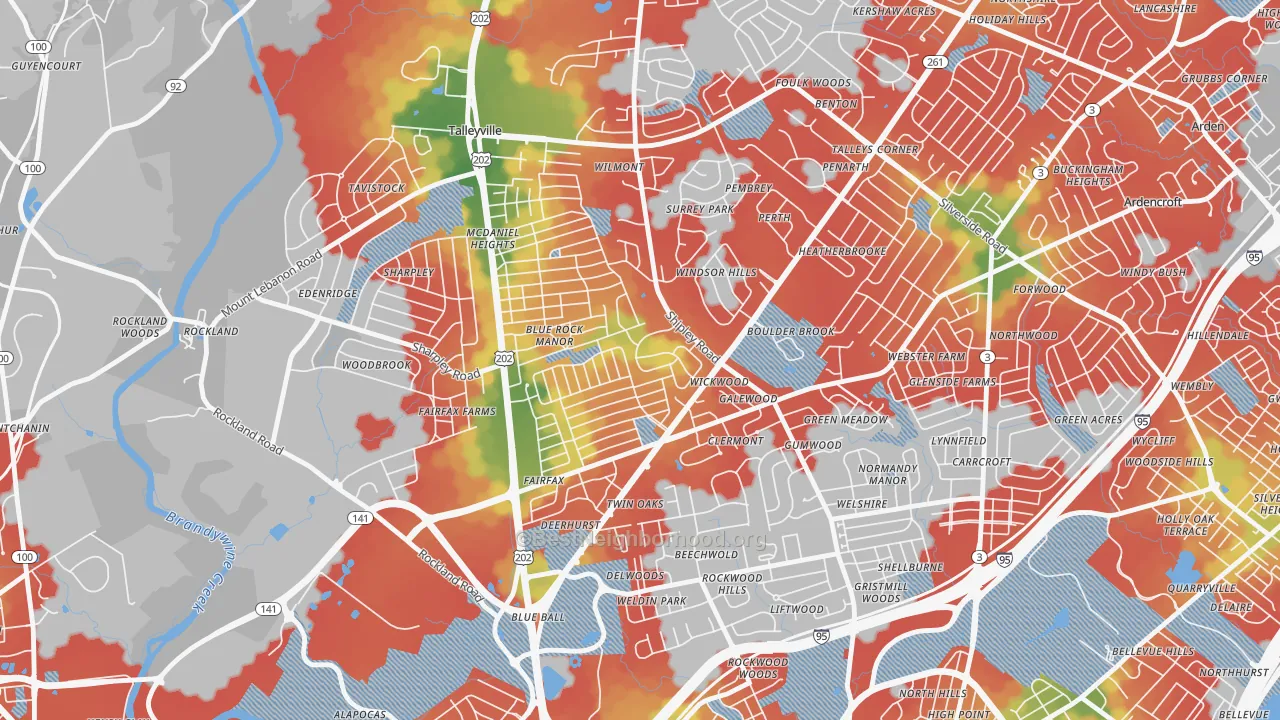 Walk Grade map of Cloutier Court, Wilmington, DE, walkable areas in green and car-dependent areas in red