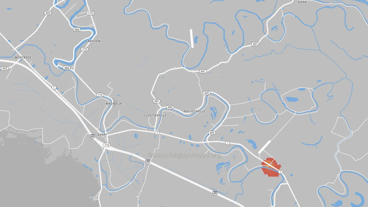 Walk Grade map of Cloutierville, LA, walkable areas in green and car-dependent areas in red