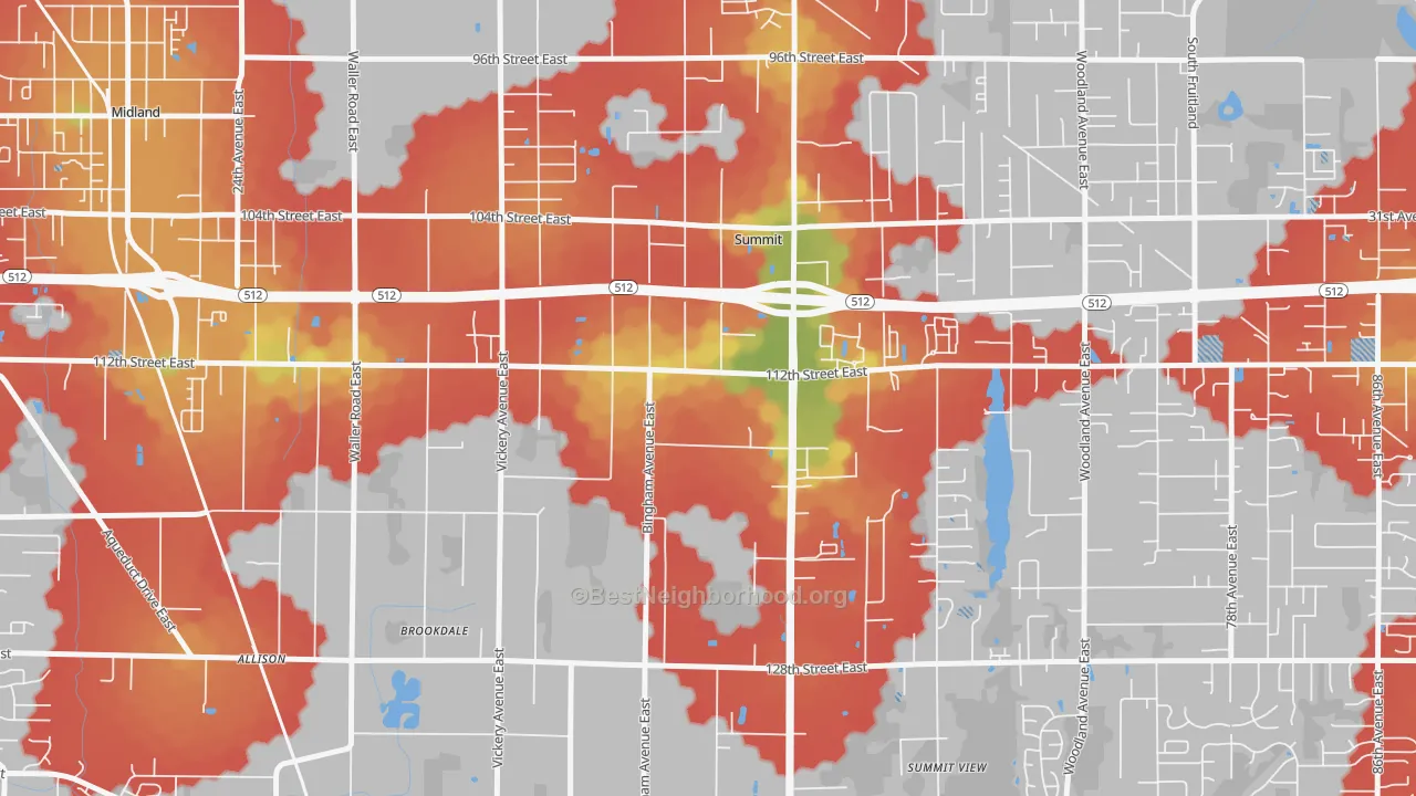 Walk Grade map of Clover Creek, WA, walkable areas in green and car-dependent areas in red