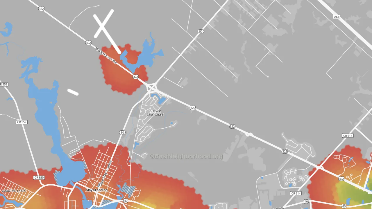 Walk Grade map of Clover Leaf Lakes, NJ, walkable areas in green and car-dependent areas in red