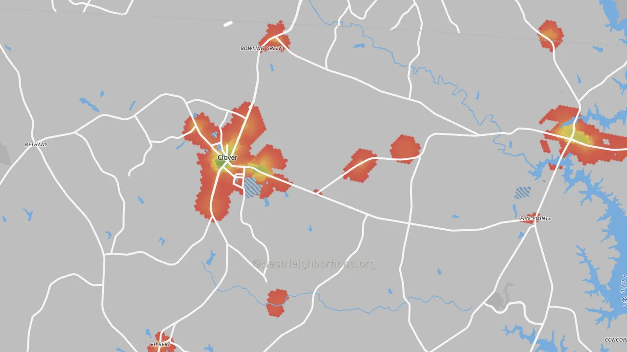 Walk Grade map of Clover, SC, walkable areas in green and car-dependent areas in red