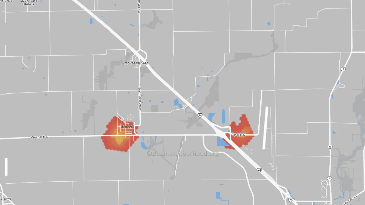 Walk Grade map of Clover Village, IN, walkable areas in green and car-dependent areas in red