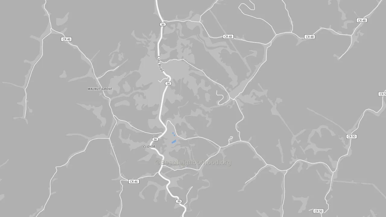 Walk Grade map of Clover, WV, walkable areas in green and car-dependent areas in red