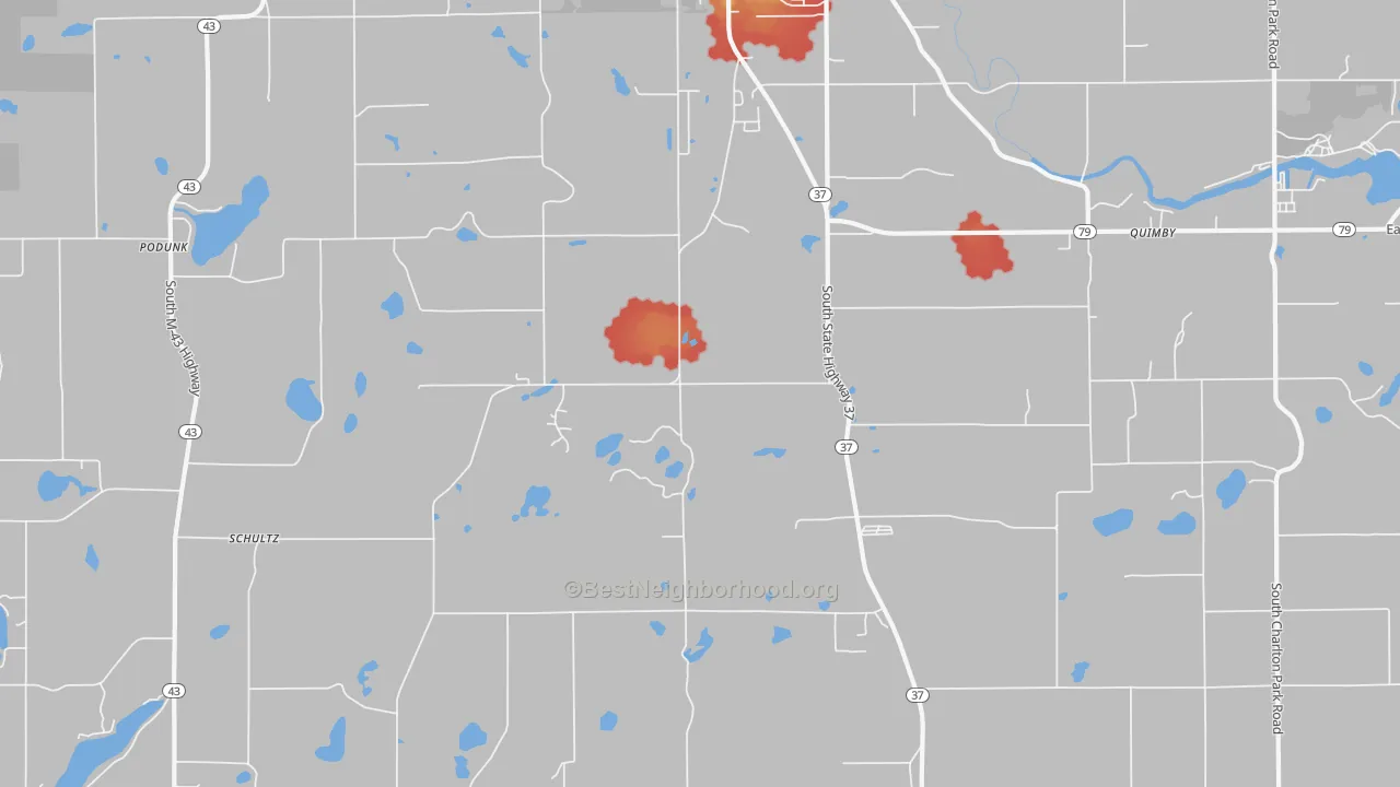 Walk Grade map of Cloverdale, MI, walkable areas in green and car-dependent areas in red