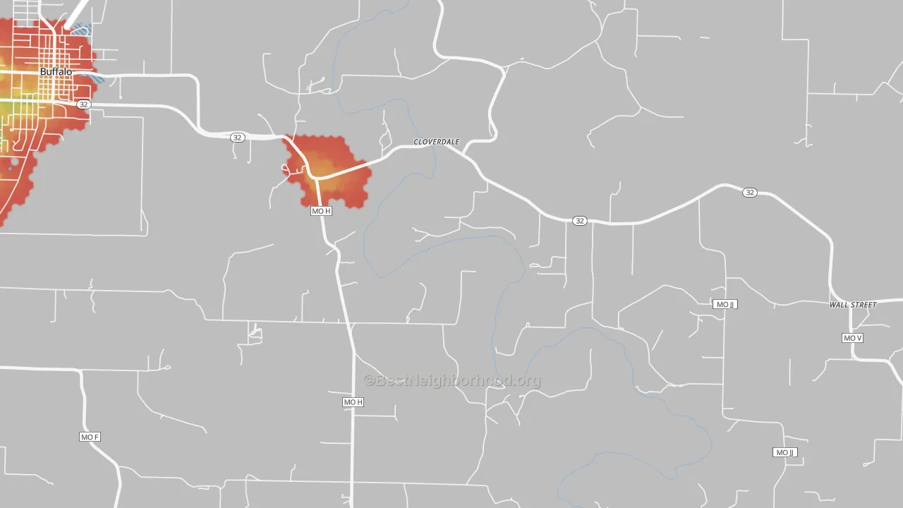 Walk Grade map of Cloverdale, MO, walkable areas in green and car-dependent areas in red