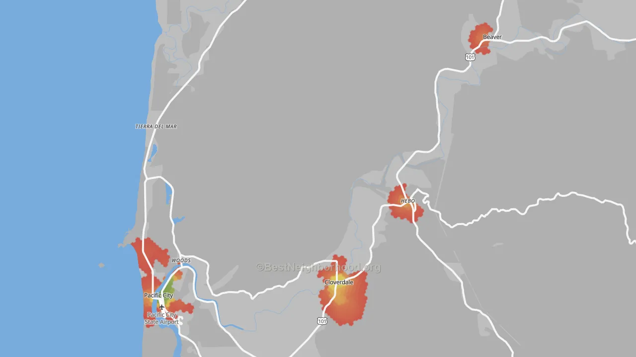 Walk Grade map of Cloverdale, OR, walkable areas in green and car-dependent areas in red