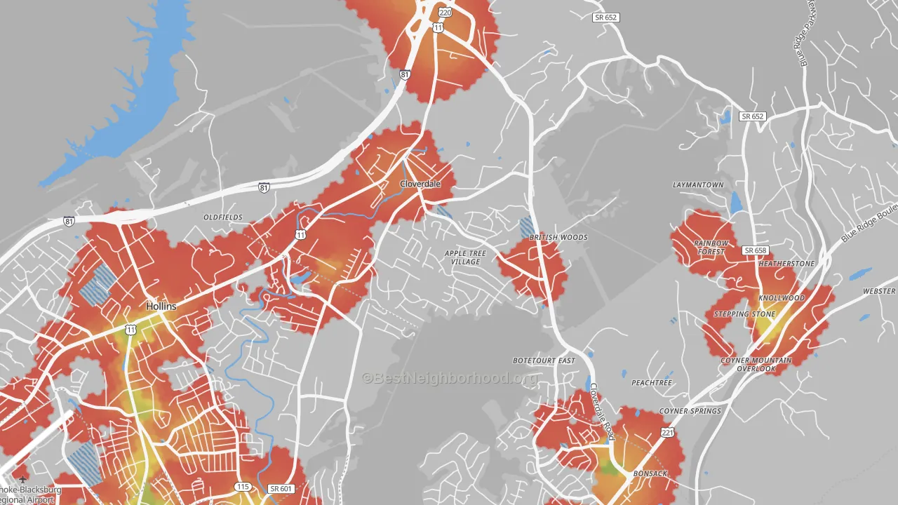 Walk Grade map of Cloverdale, VA, walkable areas in green and car-dependent areas in red