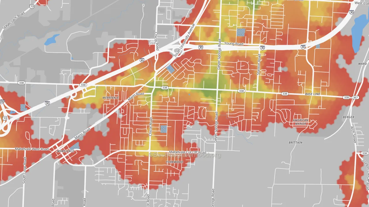 Walk Grade map of Cloverdale Watson, Little Rock, AR, walkable areas in green and car-dependent areas in red