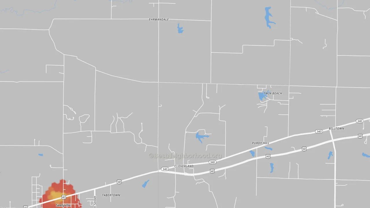 Walk Grade map of Cloverland, IN, walkable areas in green and car-dependent areas in red