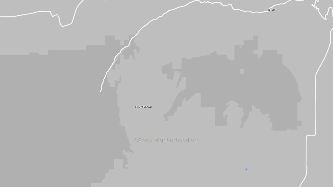 Walk Grade map of Cloverland, WA, walkable areas in green and car-dependent areas in red