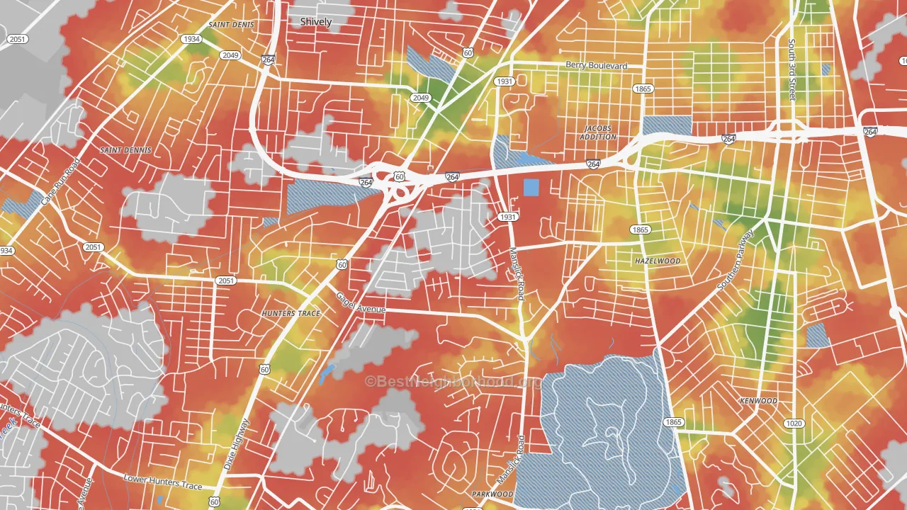 Walk Grade map of Cloverleaf, Louisville, KY, walkable areas in green and car-dependent areas in red