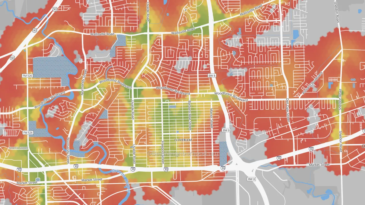 Walk Grade map of Cloverleaf, TX, walkable areas in green and car-dependent areas in red