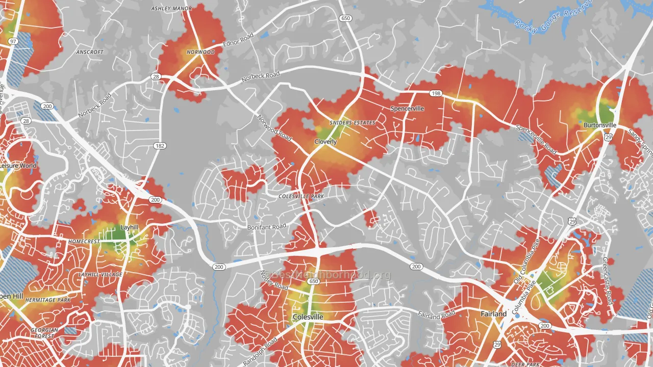 Walk Grade map of Cloverly, MD, walkable areas in green and car-dependent areas in red
