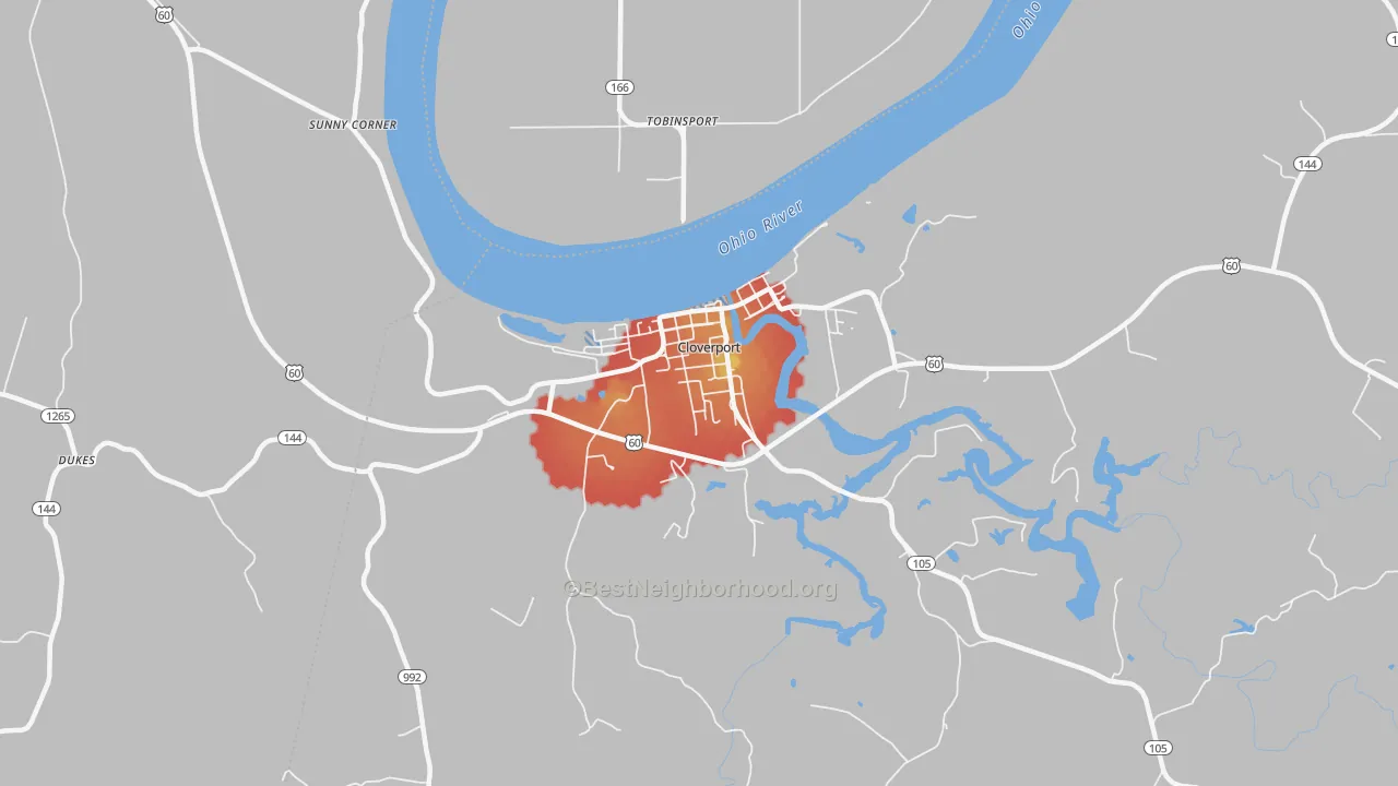 Walk Grade map of Cloverport, KY, walkable areas in green and car-dependent areas in red