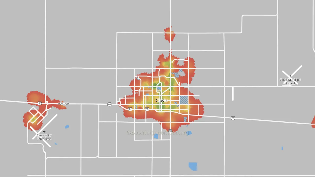 Walk Grade map of Clovis, NM, walkable areas in green and car-dependent areas in red