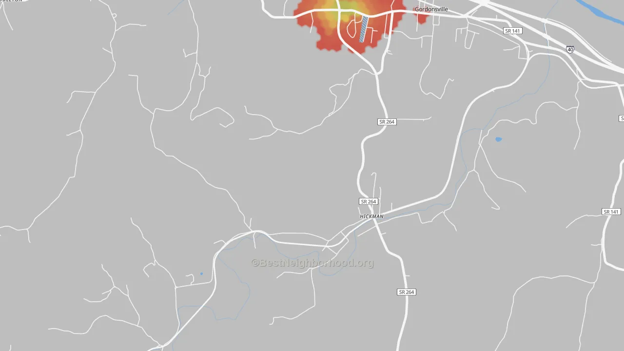 Walk Grade map of Club Springs, TN, walkable areas in green and car-dependent areas in red