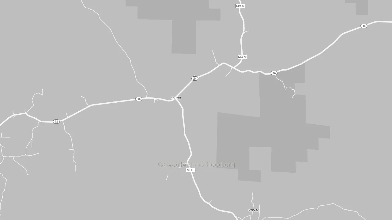Walk Grade map of Clubb, MO, walkable areas in green and car-dependent areas in red