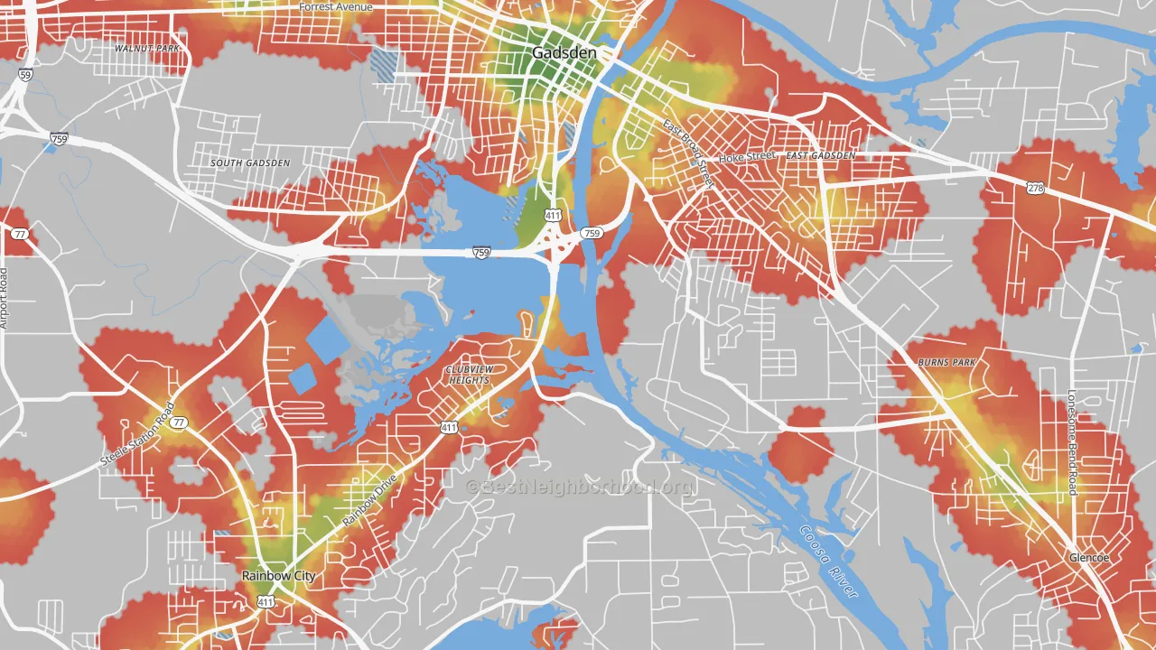 Walk Grade map of Clubview Heights, AL, walkable areas in green and car-dependent areas in red