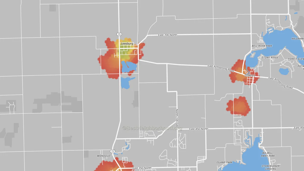 Walk Grade map of Clunette, IN, walkable areas in green and car-dependent areas in red