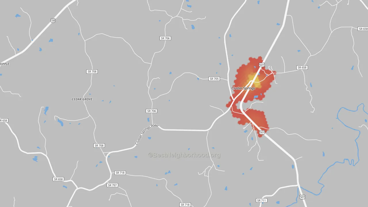 Walk Grade map of Cluster Springs, VA, walkable areas in green and car-dependent areas in red
