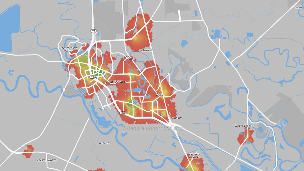 Walk Grade map of Clute, TX, walkable areas in green and car-dependent areas in red