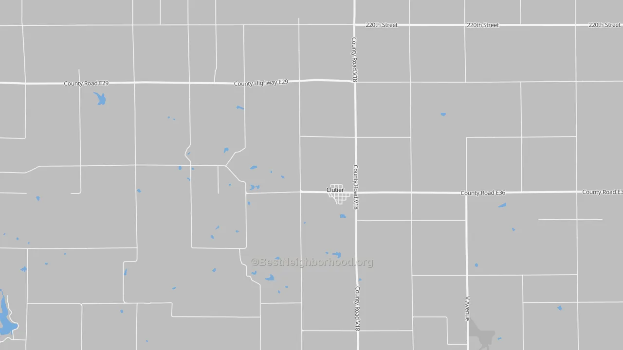 Walk Grade map of Clutier, IA, walkable areas in green and car-dependent areas in red
