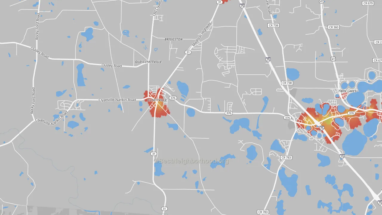 Walk Grade map of Clyattville, GA, walkable areas in green and car-dependent areas in red
