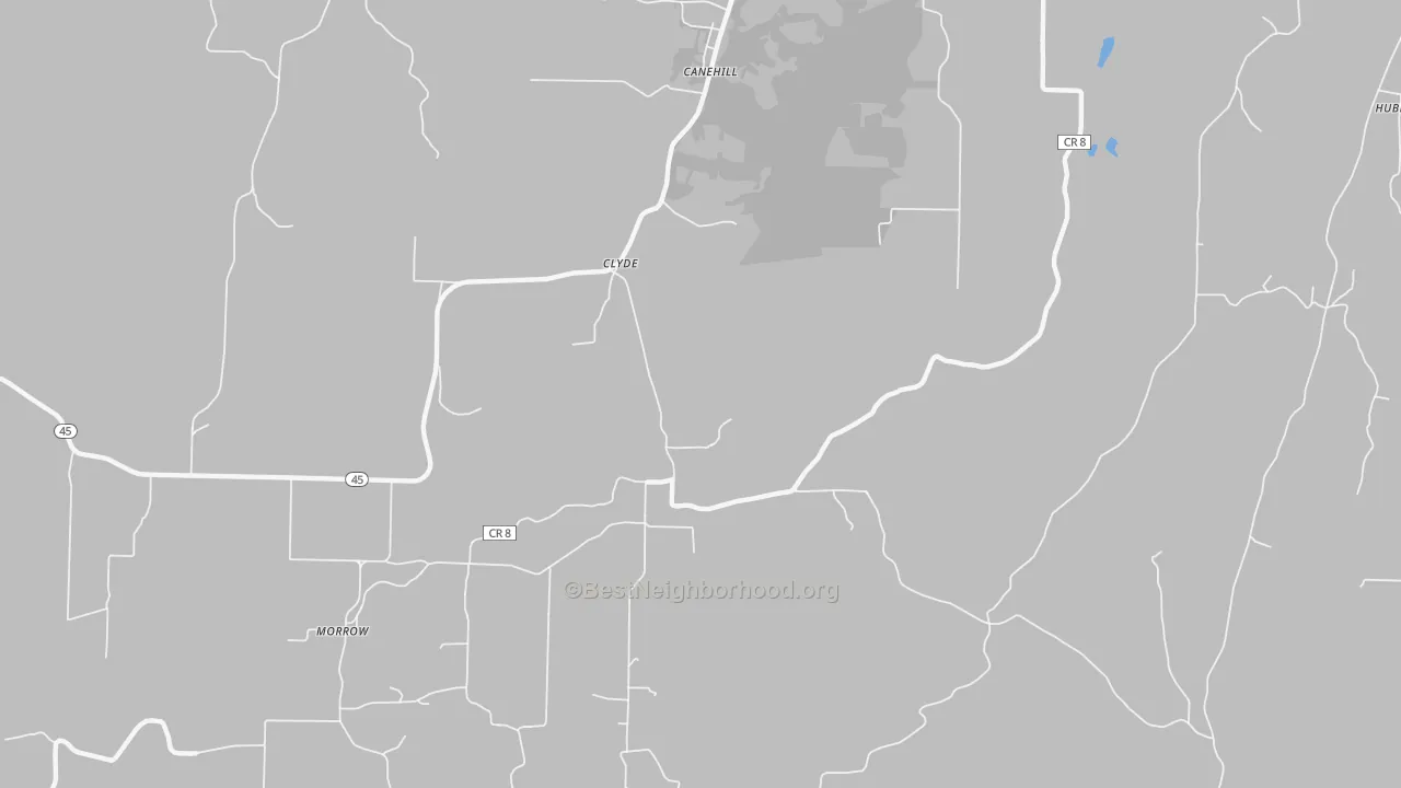 Walk Grade map of Clyde, AR, walkable areas in green and car-dependent areas in red