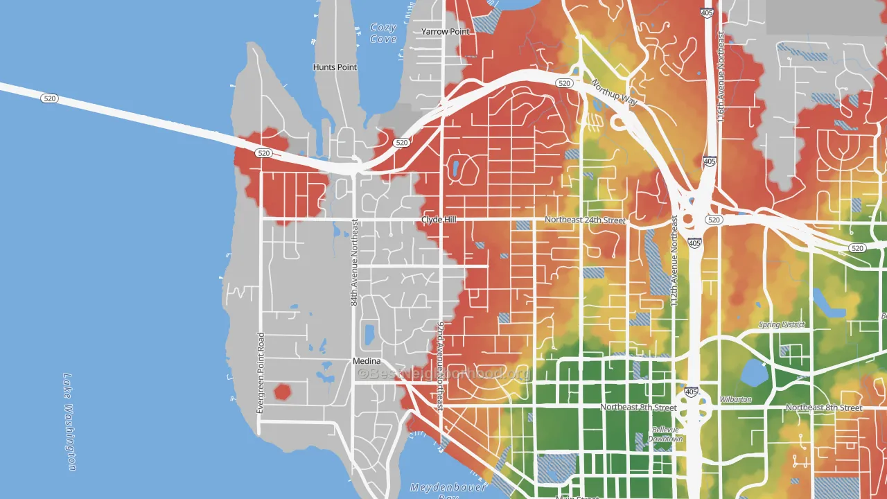 Walk Grade map of Clyde Hill, WA, walkable areas in green and car-dependent areas in red