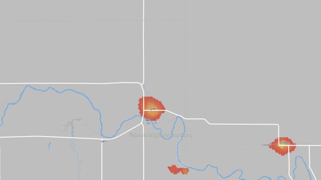 Walk Grade map of Clyde, KS, walkable areas in green and car-dependent areas in red