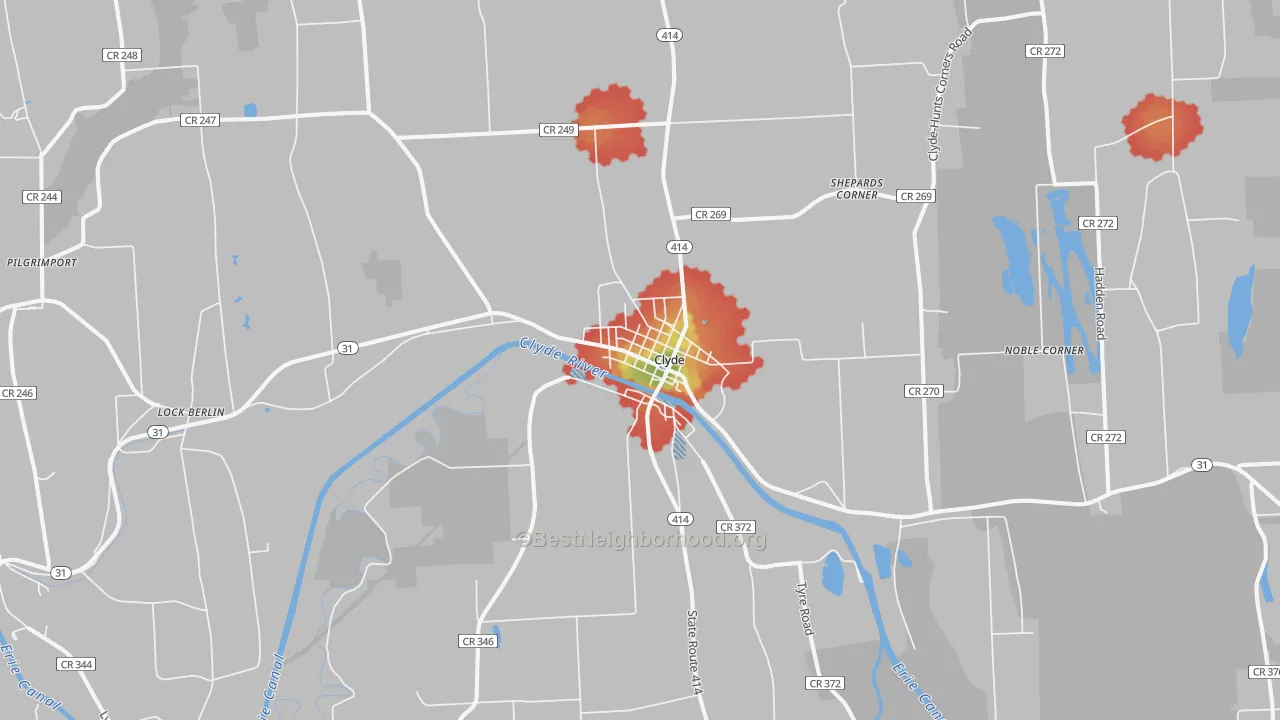 Walk Grade map of Clyde, NY, walkable areas in green and car-dependent areas in red