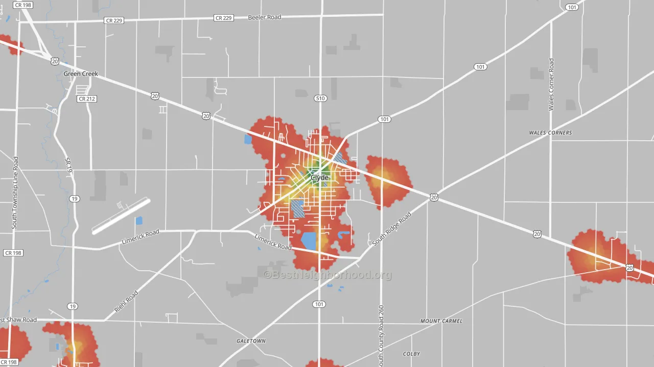 Walk Grade map of Clyde, OH, walkable areas in green and car-dependent areas in red