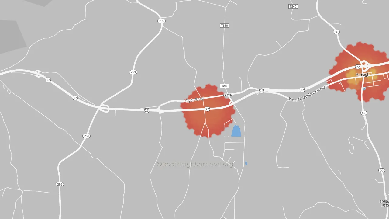 Walk Grade map of Clyde, PA, walkable areas in green and car-dependent areas in red