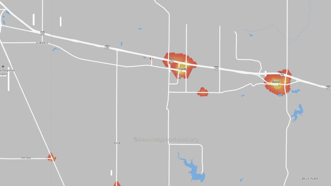 Walk Grade map of Clyde, TX, walkable areas in green and car-dependent areas in red