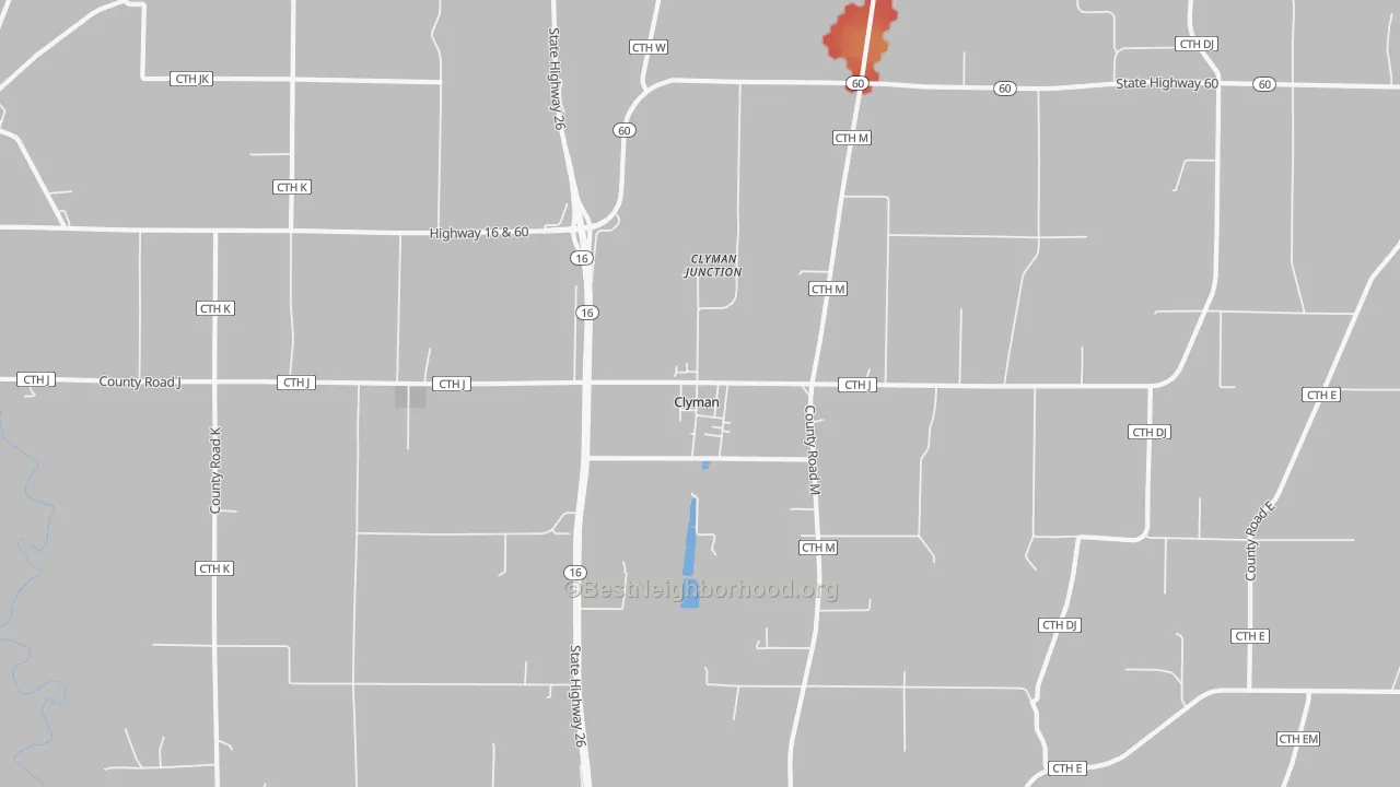 Walk Grade map of Clyman, WI, walkable areas in green and car-dependent areas in red