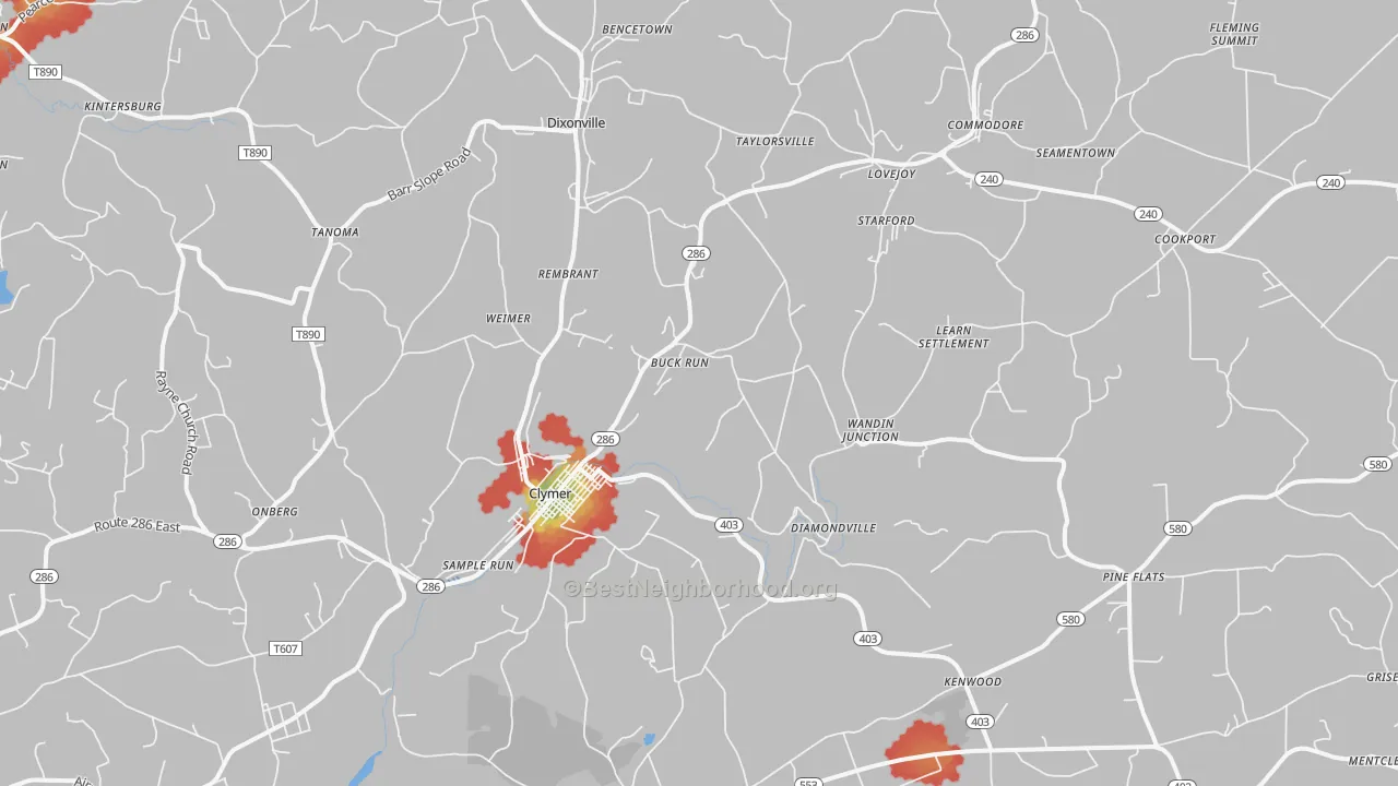 Walk Grade map of Clymer, PA, walkable areas in green and car-dependent areas in red
