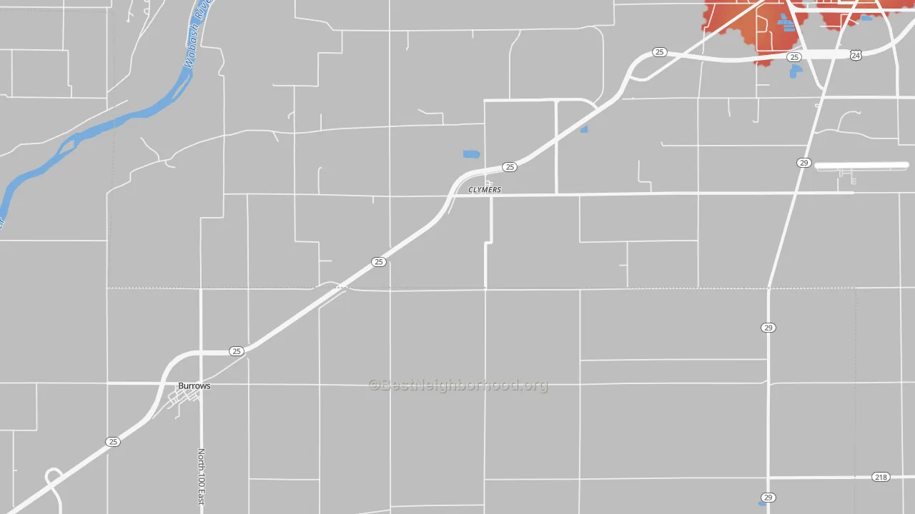 Walk Grade map of Clymers, IN, walkable areas in green and car-dependent areas in red
