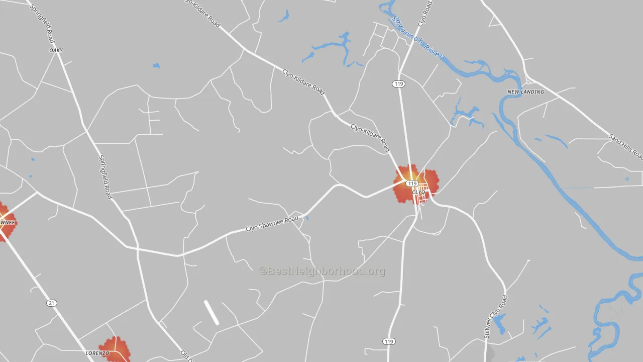 Walk Grade map of Clyo, GA, walkable areas in green and car-dependent areas in red