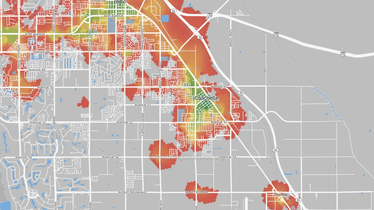 Walk Grade map of Coachella, CA, walkable areas in green and car-dependent areas in red
